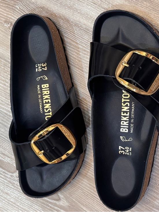 Birkenstock Shoes - Birkenstock Black Slide Sandals with Gold Buckles